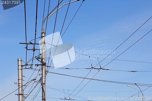 Image of Railroad railway catenary lines against clear blue sky. 