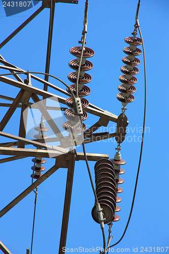 Image of high voltage post against the blue sky