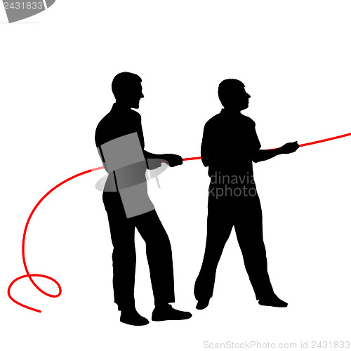 Image of Black silhouettes of people pulling rope?. Vector illustration.