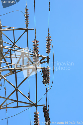 Image of high voltage post against the blue sky
