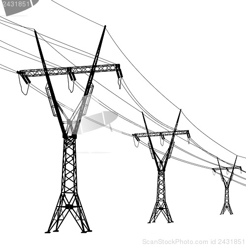 Image of Silhouette of high voltage power lines. Vector  illustration.