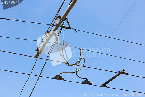 Image of Railroad railway catenary lines against clear blue sky. 