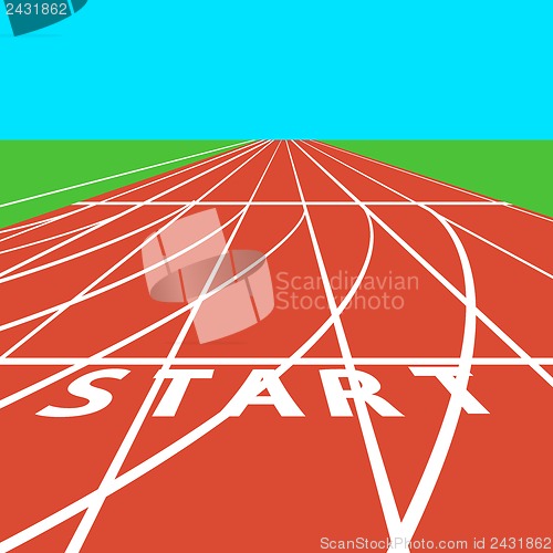 Image of Red treadmill at the stadium with white lines.  vector illustrat