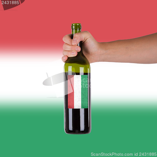 Image of Hand holding a bottle of red wine