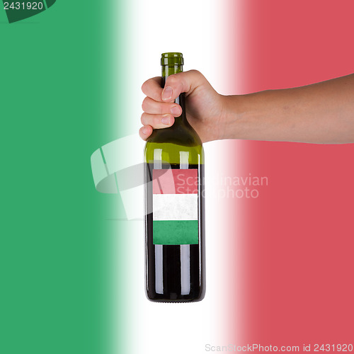 Image of Hand holding a bottle of red wine