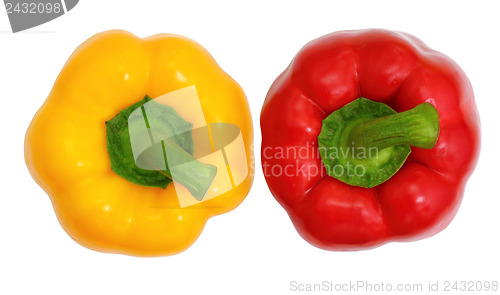Image of Top view, red and yellow sweet  bell pepper isolated on white ba