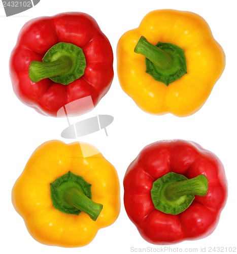 Image of Top view, red and yellow sweet  bell pepper isolated on white ba