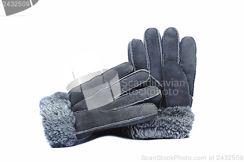 Image of Fur winter gloves grey colors on the white background.