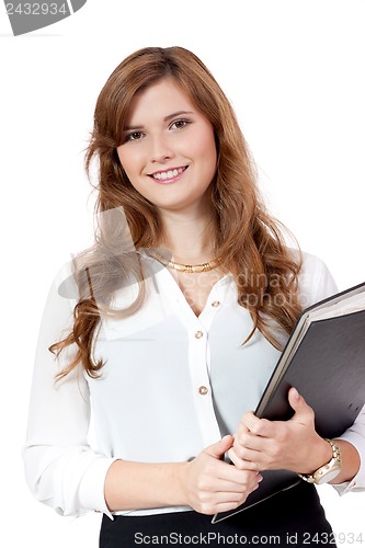 Image of smiling young business woman with folder portrait