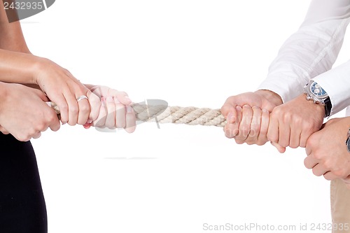 Image of business woman against businessman pulling rope isolated