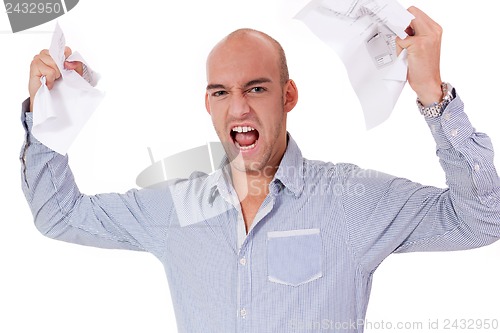 Image of businessman angry expression paperwork isolated