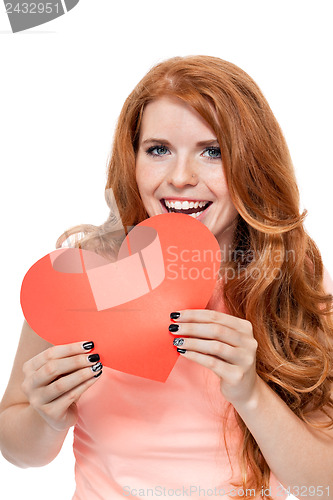 Image of smiling young woman and red heart love valentines day 