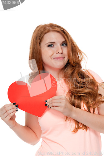 Image of smiling young woman and red heart love valentines day