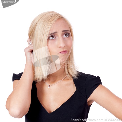 Image of young businesswoman thoughtful pensive guess portrait