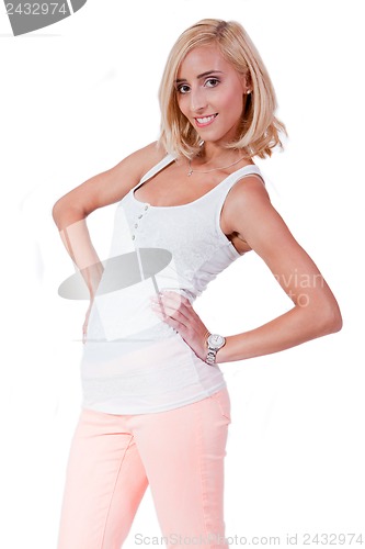 Image of attractive young smiling blonde woman isolated