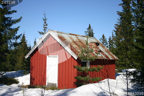 Image of small, red, rustic cottage