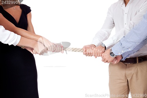 Image of business woman against businessman pulling rope isolated