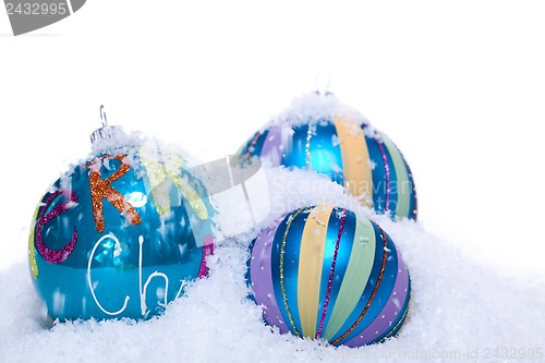 Image of christmas decoration baubles in blue and turquoise isolated