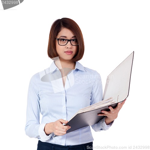 Image of smiling young business woman with folder portrait