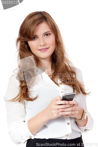 Image of attractive young business woman with smartphone mobile