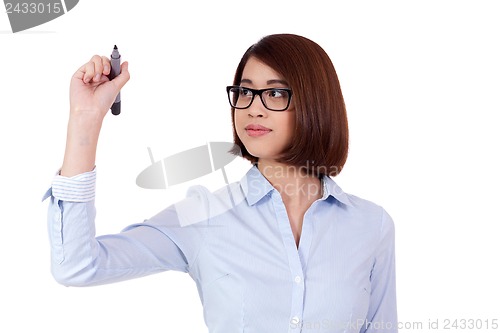 Image of young successful business woman writing with pen isolated