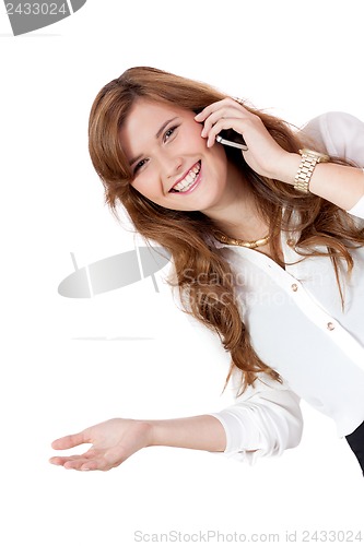 Image of attractive young business woman with smartphone mobile