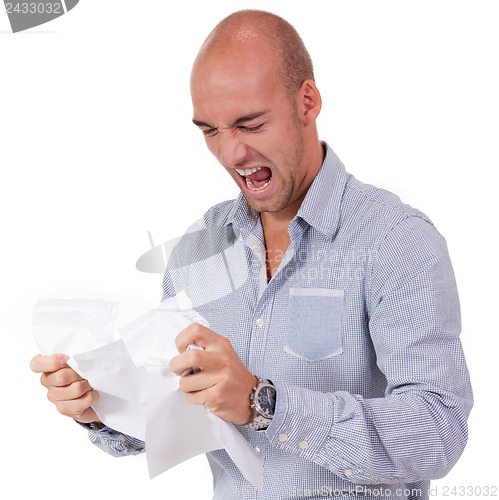 Image of businessman angry expression paperwork isolated