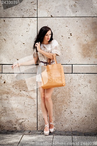 Image of attractive young brunette woman in sexy dress and handbag 