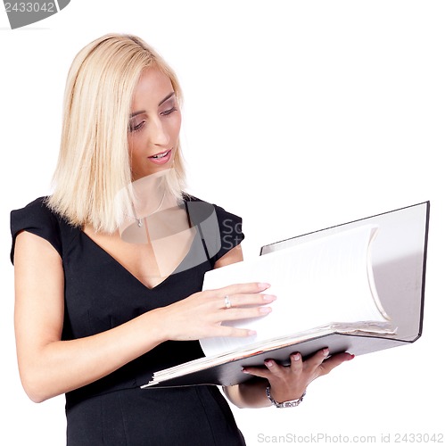 Image of smiling young business woman with folder portrait