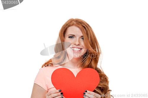 Image of smiling young woman and red heart love valentines day