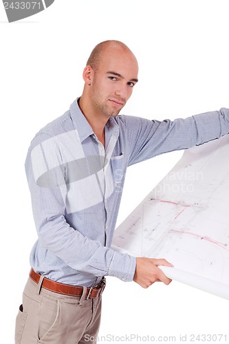 Image of young adult businessman architect with blueprint 