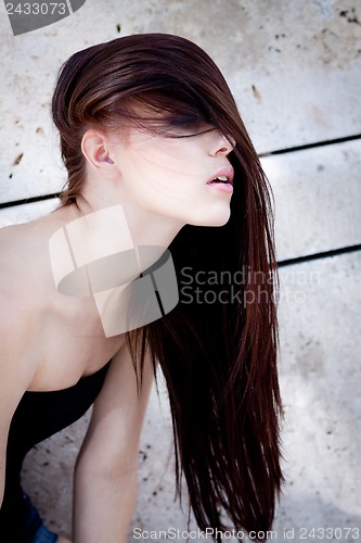 Image of beautiful woman portrait wirth long straight dark brown hair 