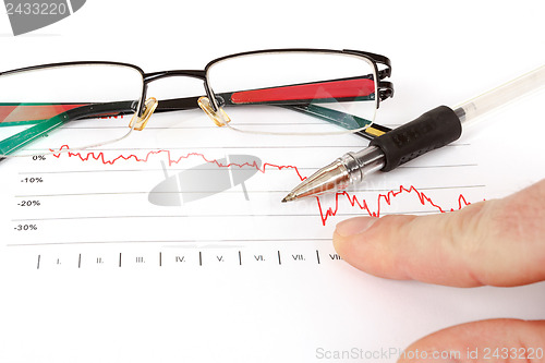 Image of men analyzing business graph with glasses in the background