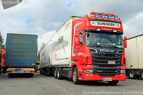 Image of Red Scania R500 V8 With DB Schenker Trailer