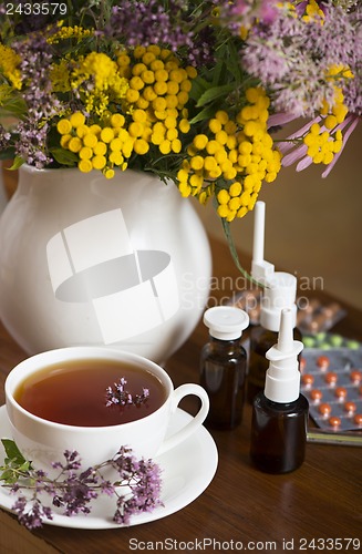 Image of Still life from medicinal herbs, herbal tea and medicines