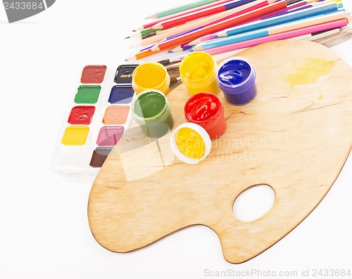 Image of Palette of the artist, paint, pencils