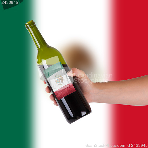 Image of Hand holding a bottle of red wine