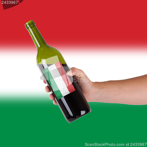 Image of Hand holding a bottle of red wine