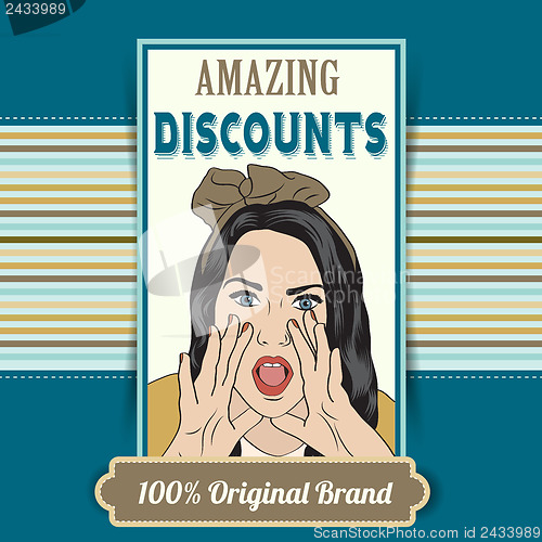 Image of retro illustration of a beautiful woman and amazing discounts me