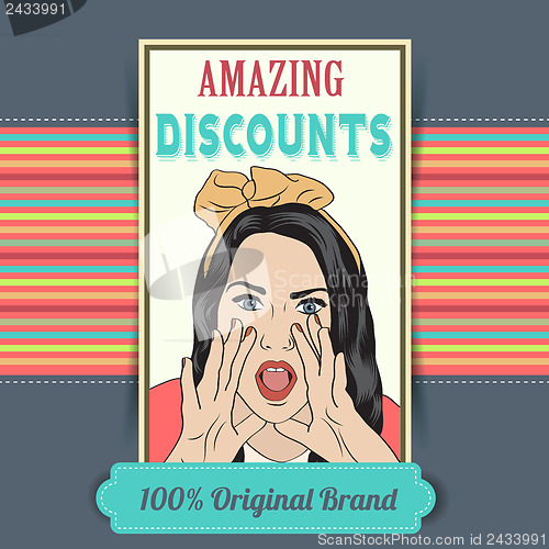 Image of retro illustration of a beautiful woman and amazing discounts me