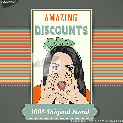 Image of retro illustration of a beautiful woman and amazing discounts me