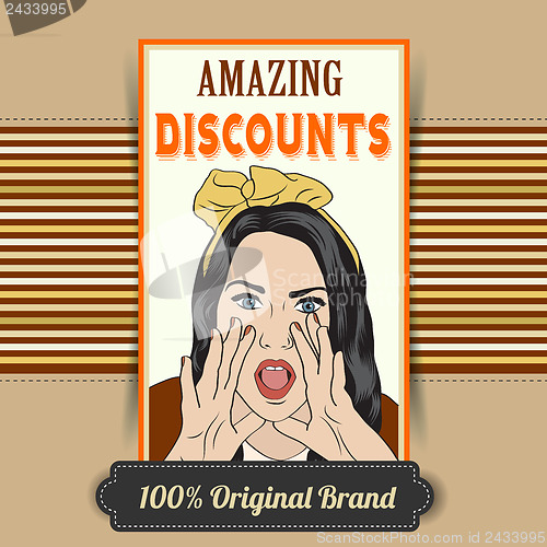 Image of retro illustration of a beautiful woman and amazing discounts me