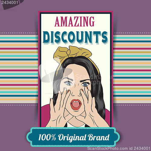 Image of retro illustration of a beautiful woman and amazing discounts me