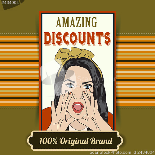 Image of retro illustration of a beautiful woman and amazing discounts me