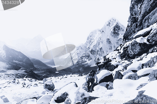 Image of Climber and Cho La pass at daybreak in Himalayas