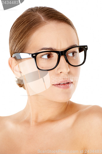 Image of Woman wearing heavy framed glasses