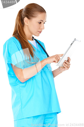 Image of Doctor checking information on a tablet