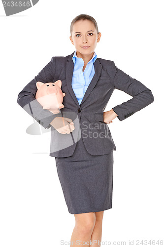 Image of Businesswoman with a piggy bank