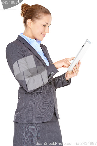 Image of Excited businesswoman with a tablet -pc