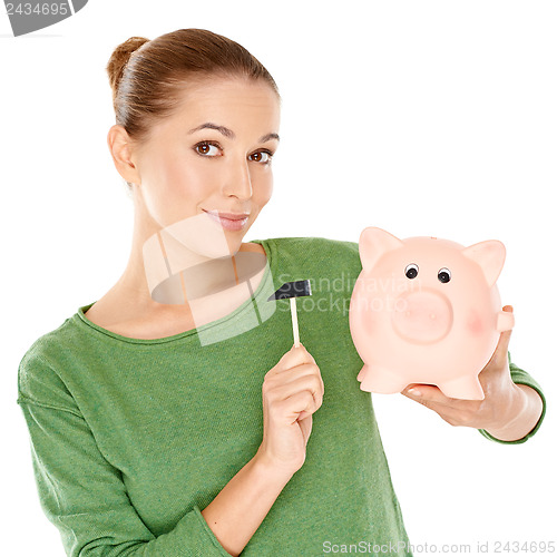 Image of Woman testing her piggy bank with a mallet